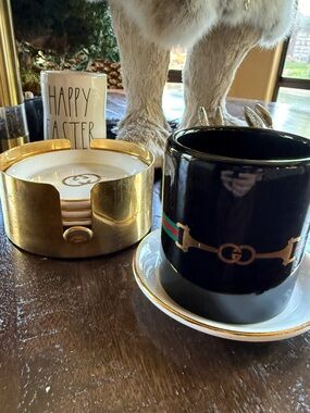 Authentic rare Gucci Black & Gold Horsebit Coffee Cup with Green-Red Stripe